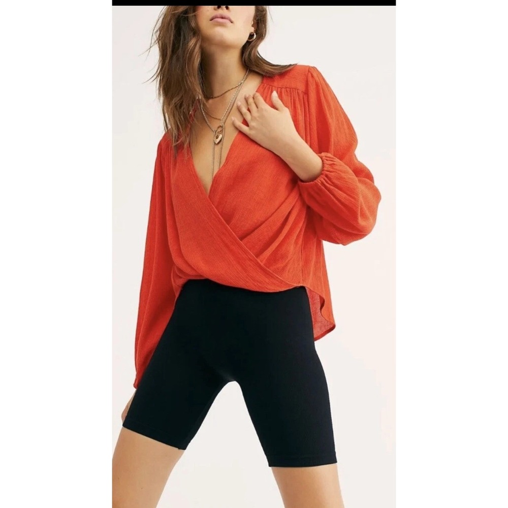 Free People Wrap Blouse Womens XS Orange Red Textured Gauze Long Sleeve